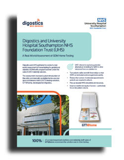 A thumbnail image of the Digostics case study showcasing the results of UHS' implementation of GTT@home for gestational diabetes.
